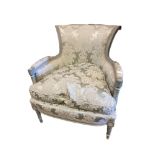 MANNER OF FRANÇOIS HERVÉ, 19TH CENTURY LOUIS XV DESIGN CARVED WOOD AND PAINTED UPHOLSTERED ARMCHAIR.