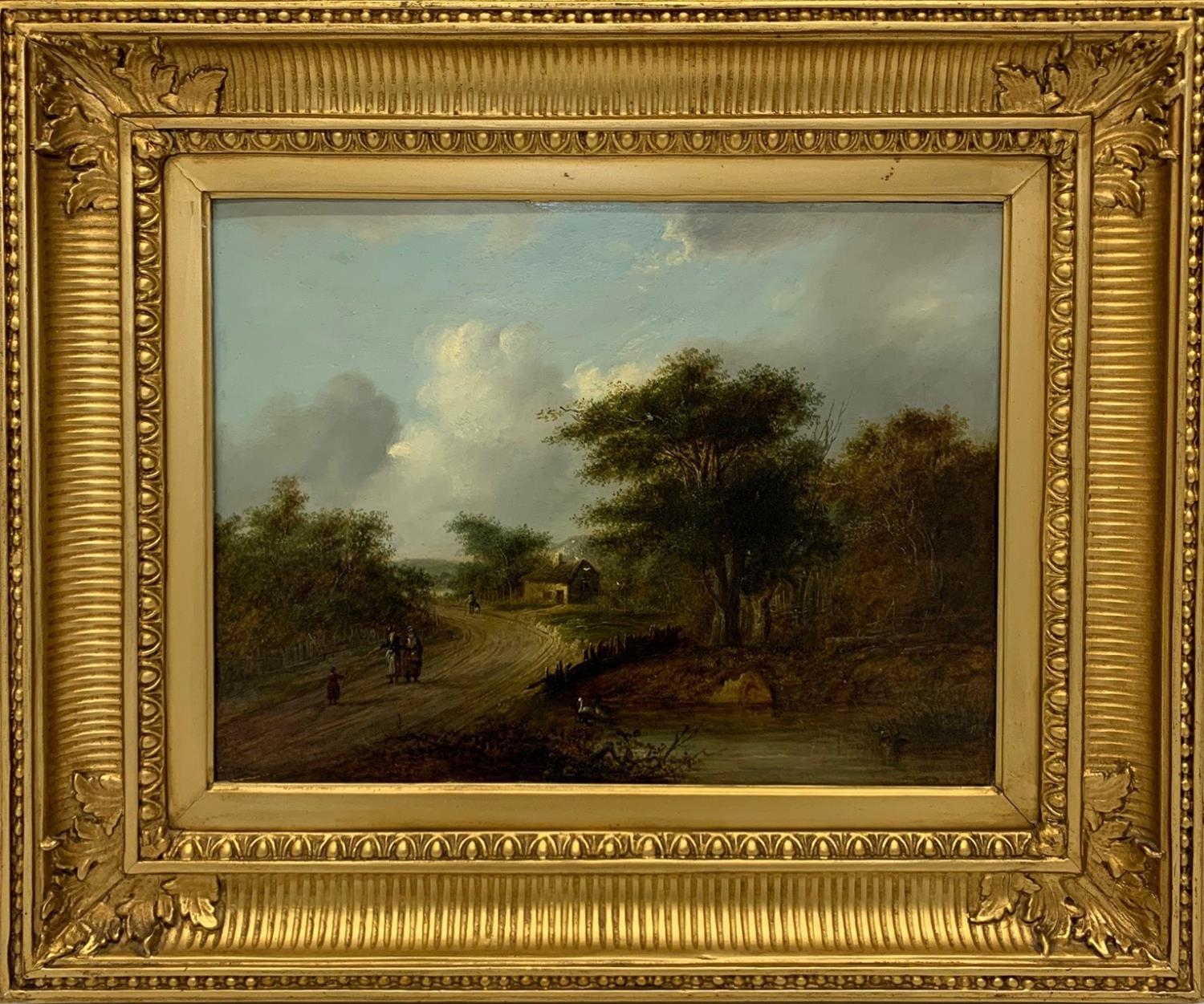 FOLLOWER OF MEINDERT HOBBEMA, 1638 - 1709, OIL ON PANEL Travellers passing a duck pond, gilt framed.