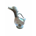 AN EARLY 20TH CENTURY CONTINENTAL SILVER PLATED CLARET JUG FORMED AS A DUCK Having a clear glass