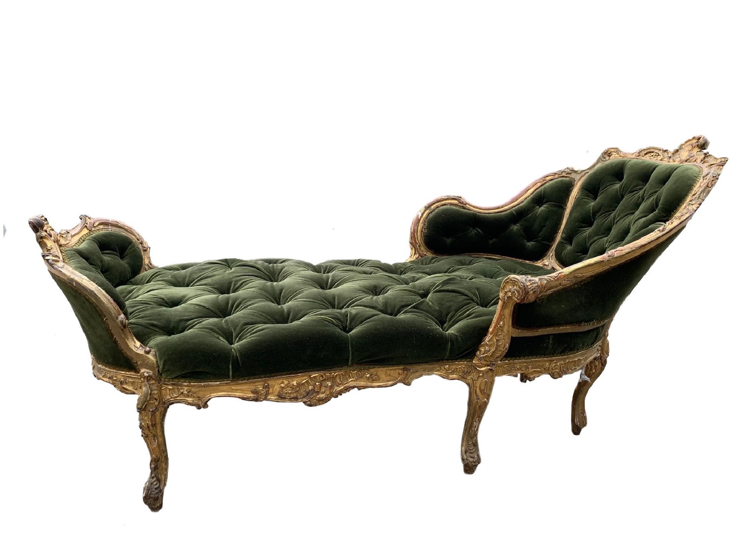 AN 18TH CENTURY FRENCH LOUIS XV ROCOCO CARVED GILTWOOD DUCHESSE DAYBED With button upholstery, frame