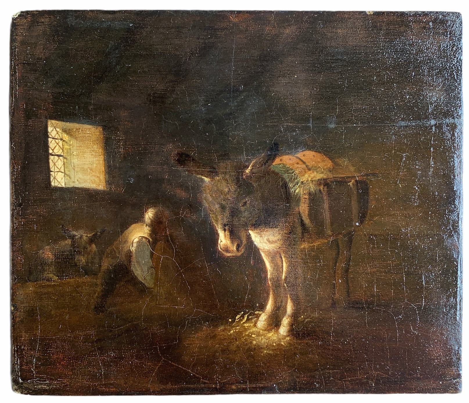 18TH CENTURY CONTINENTAL OIL ON PANEL Donkey in a barn, unframed. (23.5cm x 28cm)