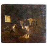 18TH CENTURY CONTINENTAL OIL ON PANEL Donkey in a barn, unframed. (23.5cm x 28cm)