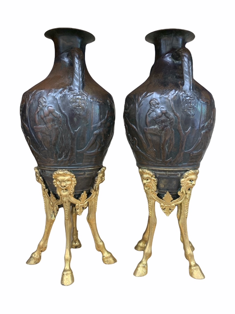 A PAIR OF 19TH CENTURY BRONZE AND PARCEL GILT URNS Cast with Neoclassical scenes to body, raised - Image 2 of 3