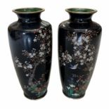 A PAIR OF JAPANESE MEIJI PERIOD SILVER WIRE CLOISONNÉ VASES OF SLENDER BALUSTER FORM Dark blue