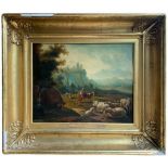 18TH CENTURY DUTCH SCHOOL OIL ON PANEL Resting Sheep in the landscape, held in giltwood frame. (
