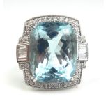 AN 18CT WHITE GOLD, AQUAMARINE AND DIAMOND RING(size N). (approx aquamarine weight 14.30ct)