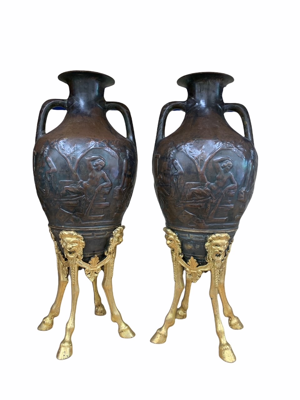 A PAIR OF 19TH CENTURY BRONZE AND PARCEL GILT URNS Cast with Neoclassical scenes to body, raised - Image 3 of 3