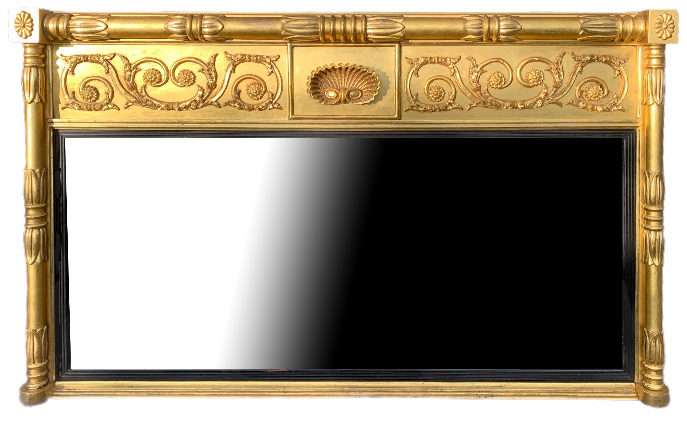 A 19TH CENTURY REGENCY GILTWOOD OVERMANTEL MIRROR Decorated with scrolling foliage and shell