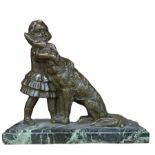 J. FOES, A BRONZE FIGURE, A GIRL STANDING WITH DOG Raised on a marble plinth base, signed. (h 28cm x