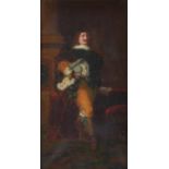 17TH CENTURY OIL ON CANVAS, DUTCH CAVALIER STANDING IN AN INTERIOR BESIDE A COLUMN WITH PAINTED