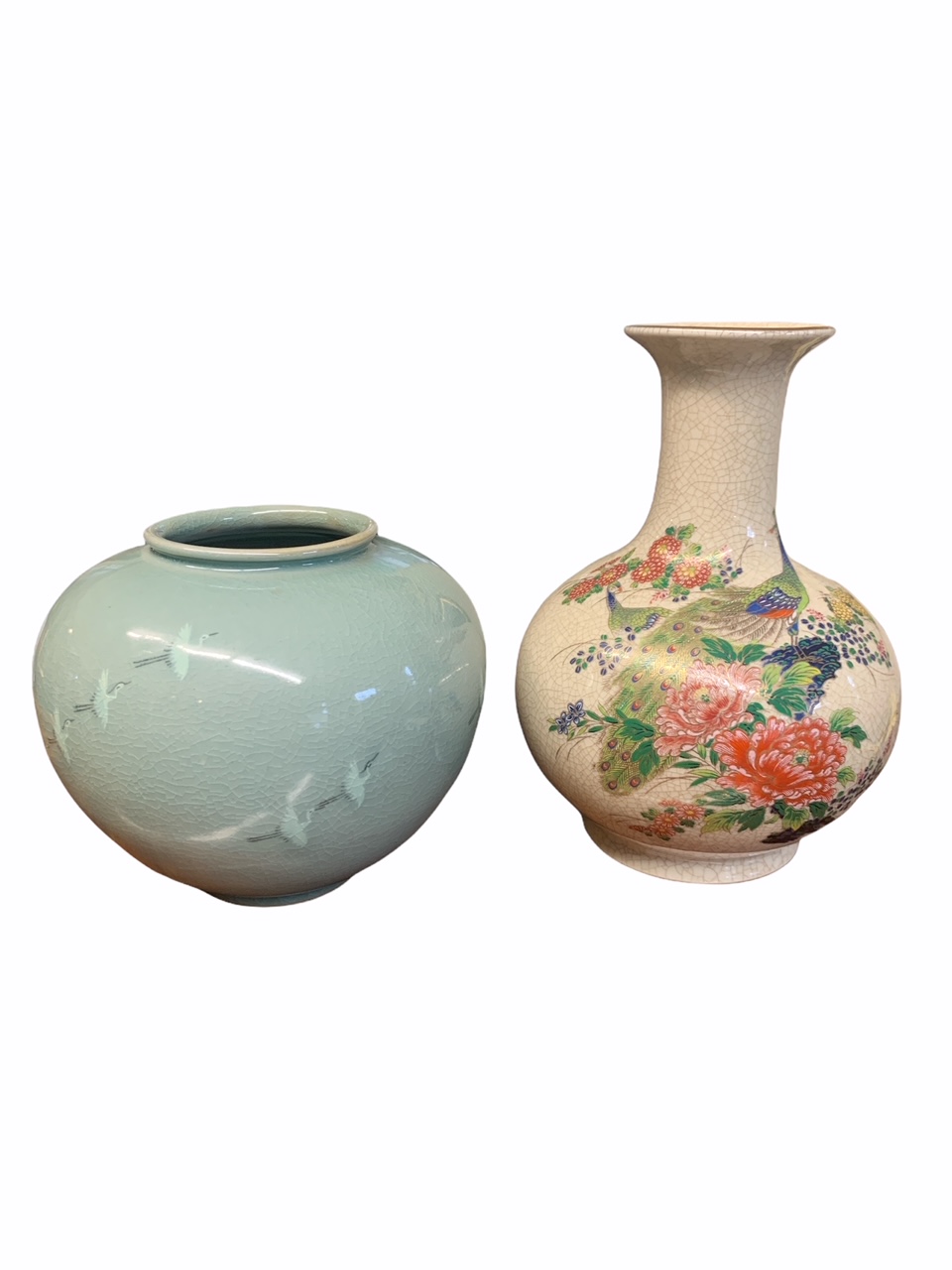 AN ORIENTAL CELADON BOWL, painted with cranes in flight together with a crackle porcelain bottle