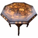 A 19TH CENTURY WALNUT HEXAGONAL TOP MARQUETRY TABLE The top inlaid with envelopes, domestic and