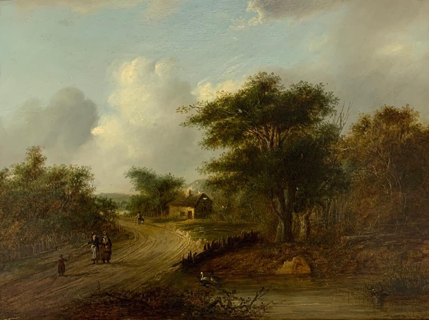 FOLLOWER OF MEINDERT HOBBEMA, 1638 - 1709, OIL ON PANEL Travellers passing a duck pond, gilt framed. - Bild 2 aus 8