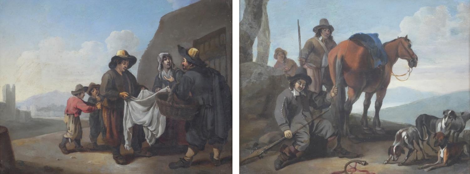 MANNER OF KAREL DUJARDIN, 1626 - 1678, A PAIR OF 17TH/18TH CENTURY OILS ON COPPER A hunter reloads