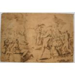 LARGE 17TH CENTURY FRENCH PEN, INK AND WASH DRAWING, MOSES STRIKING THE ROCK Unframed. (sheet 38.7cm