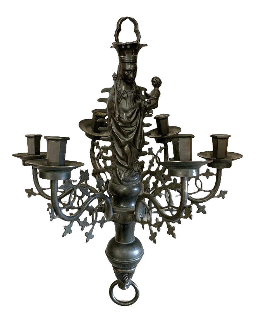 A 19TH CENTURY GOTHIC REVIVAL SIX BRANCH BRONZE CHANDELIER Mounted with a figure of Madonna and