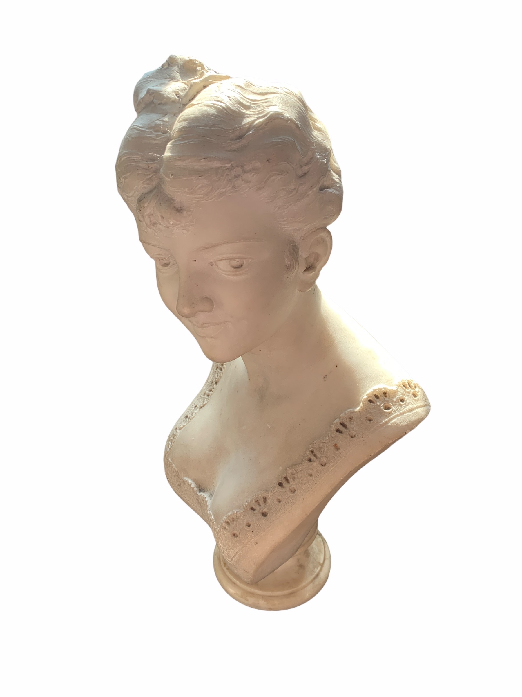 A 19TH CENTURY ITALIAN MARBLE BUST OF AN ELEGANT YOUNG LADY Raised on a socle base. (h 55cm x w 28cm