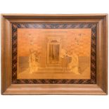 AN EARLY 20TH CENTURY REGENCY DESIGN MARQUETRY SPECIMEN WOOD PANEL With a Neoclassical temple scene,