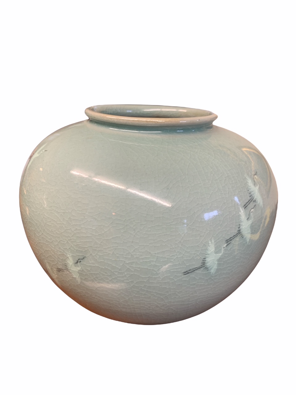 AN ORIENTAL CELADON BOWL, painted with cranes in flight together with a crackle porcelain bottle - Image 2 of 6