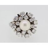 A 7.5MM AKPOYA PEARL AND 1.30CT DIAMOND RING, CIRCA 1970. (size J, G/I colour)