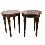 A PAIR OF 19TH CENTURY LOUIS XVI DESIGN CARVED GILTWOOD CIRCULAR OCCASIONAL TABLES With marble tops,