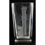 ORREFORS, A SWEDISH RECTANGULAR ART GLASS VASE With acid etched architectural decoration, signed