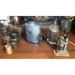 AN ANTIQUE TINNED COPPER KNAPSACK SPRAYER Along with other vintage hand operated sprayers. (