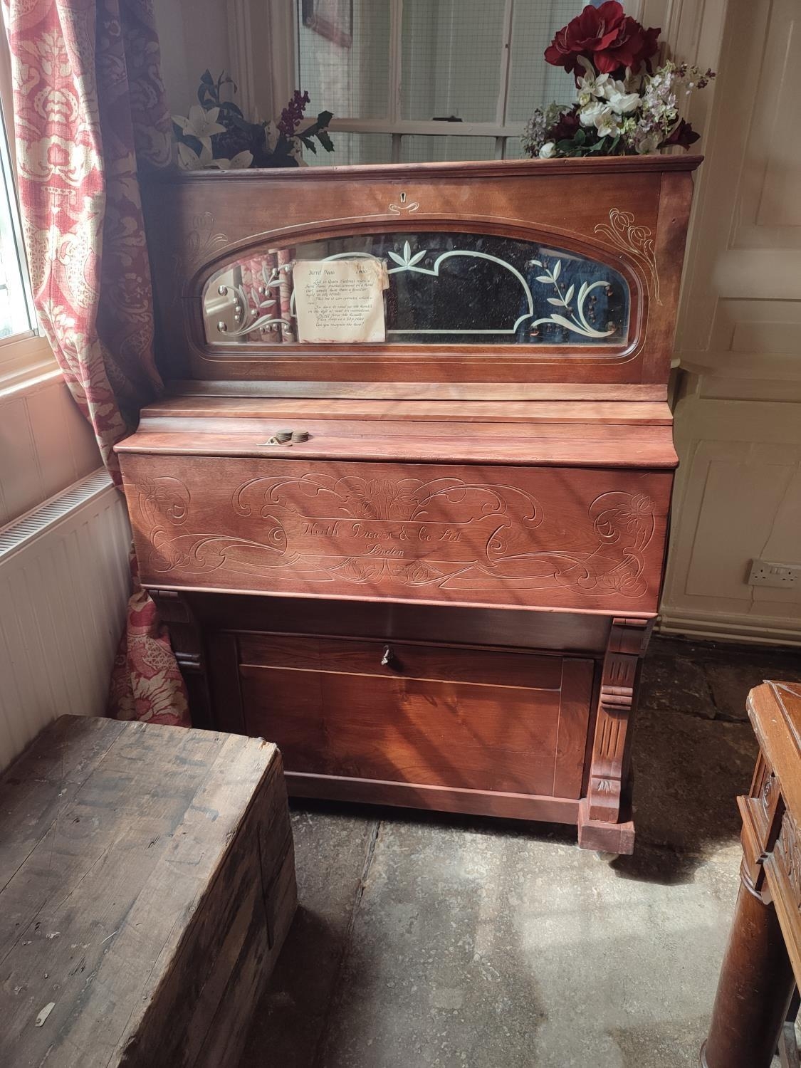 KEITH PROWSE AND CO., LONDON, A LATE 19TH CENTURY BEECHWOOD CASED COIN OPERATED STREET BARREL