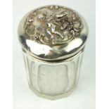 A LARGE EARLY 20TH CENTURY CONTINENTAL CUT CRYSTAL GLASS DRESSING JAR AND STERLING SILVER COVER