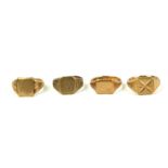 A COLLECTION OF FOUR VINTAGE 9CT GOLD GENT'S SIGNET RINGS Two having geometric designs, one