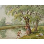 WILLIAM HEATON COOPER, 1903 - 1905, WATERCOLOUR Landscape, two boys bathing in Lake District