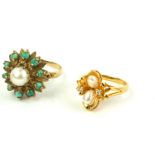 TWO VINTAGE 9CT GOLD, PEARL AND GEM SET RINGS To include a central pearl edged with turquoise