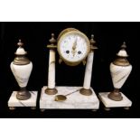 A FRENCH 19TH CENTURY GILT BRASS AND MARBLE CLOCK GARNITURE SET The barrel movement having a painted