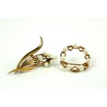 TWO VINTAGE 9CT GOLD AND PEARL BROOCHES To include floral spray and a circular brooch with pierced