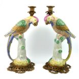 A PAIR OF DECORATIVE 20TH CENTURY PORCELAIN BASED MODELS OF EXOTIC PARROTS MODELLED AS TABLE