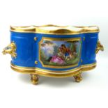 A 19TH CENTURY SÈVRES STYLE PORCELAIN GILDED TWIN HANDLED JARDINIÈRE Painted to both sides with