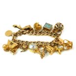 A VINTAGE 9CT GOLD CHARM BRACELET The uniform pierced links set with fourteen charms including a