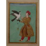 A 19TH CENTURY PERSIAN WATERCOLOUR, PORTRAIT OF A GENT WEARING HUNTING ROBES HOLDING A LARGE BIRD OF