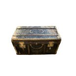 A 19TH CENTURY BRASS AND LEATHER BOUND TRAVELLING TRUNK. (80cm x 41cm x 43cm) Condition: worn
