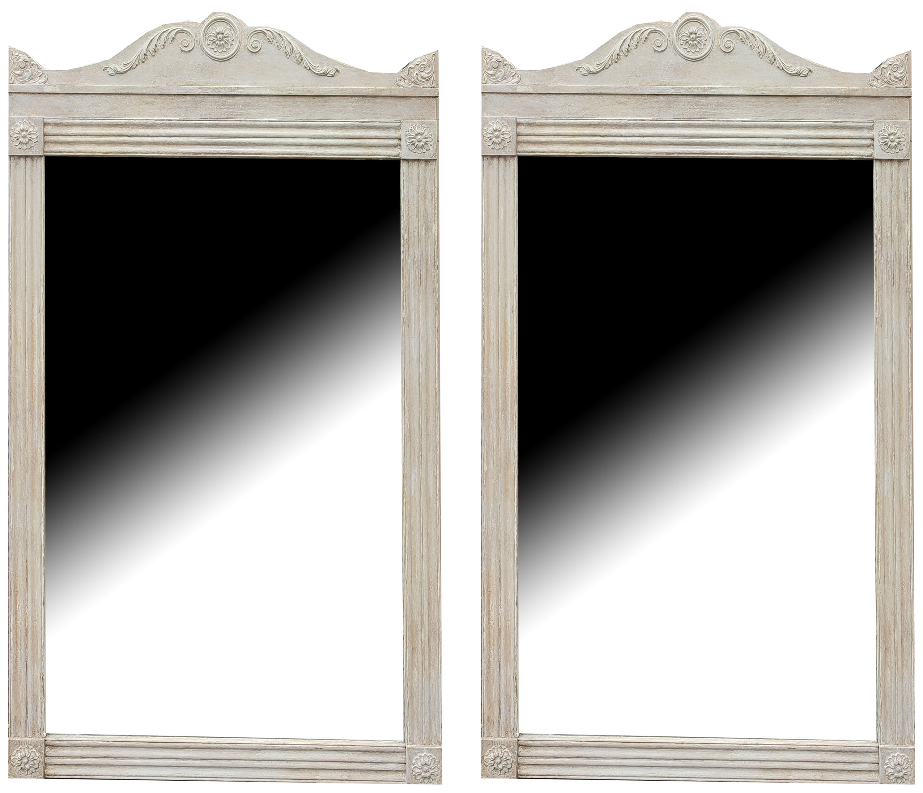 A PAIR OF REGENCY STYLE MIRRORS With serpentine cartouche above a bevelled silver plate. (76cm x