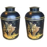 A LARGE PAIR OF 19TH CENTURY STYLE BLACK DECORATED TOLEWARE CYLINDRICAL TEA TINS AND COVERS Both