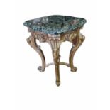 AN EARLY 19TH CENTURY GILTWOOD OCCASIONAL TABLE The later green marble top on cabriole legs with