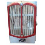 A STYLISH VINTAGE SALTER CHROME AND RED STEEL TRUCK GRILL CONVERTED TO A WALL MOUNTED BAR. (w 74cm x