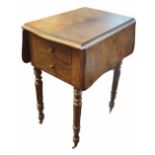 A 19TH CENTURY FRENCH BUTTERFLY WING DROP-LEAF MAHOGANY SIDE/WORK TABLE With two drawers, on