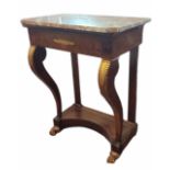 A 19TH CENTURY FRENCH MAHOGANY AND GILT BRONZE CONSOLE TABLE With marble top above a single