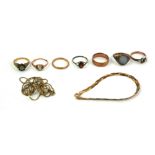 A COLLECTION OF VINTAGE 9CT GOLD JEWELLERY To include a tricolour bracelet, two wedding bands, a