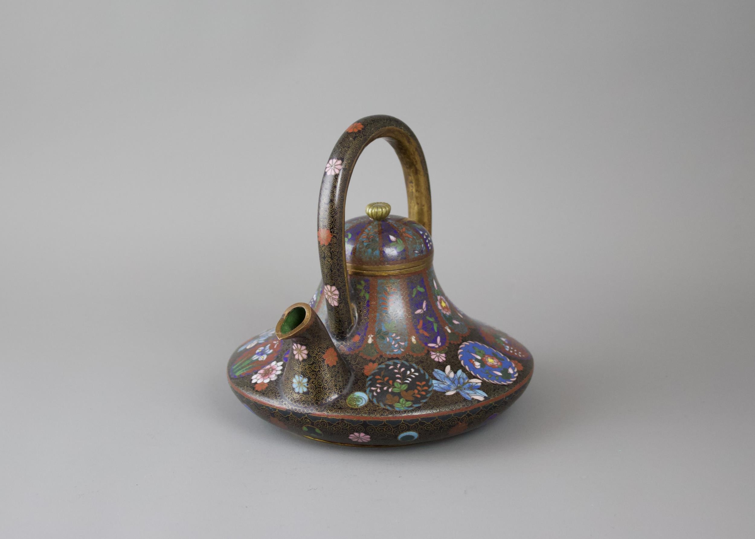 A Japanese cloisonne sake kettle and cover, Meiji period - - L16cm W15cm H15cm - - with overhead - Image 4 of 8