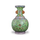A Green Ground Famille Rose 'Lotus' bottle vase, Jiaqing Mark - - H 45cm W 30cm - - decorated with a
