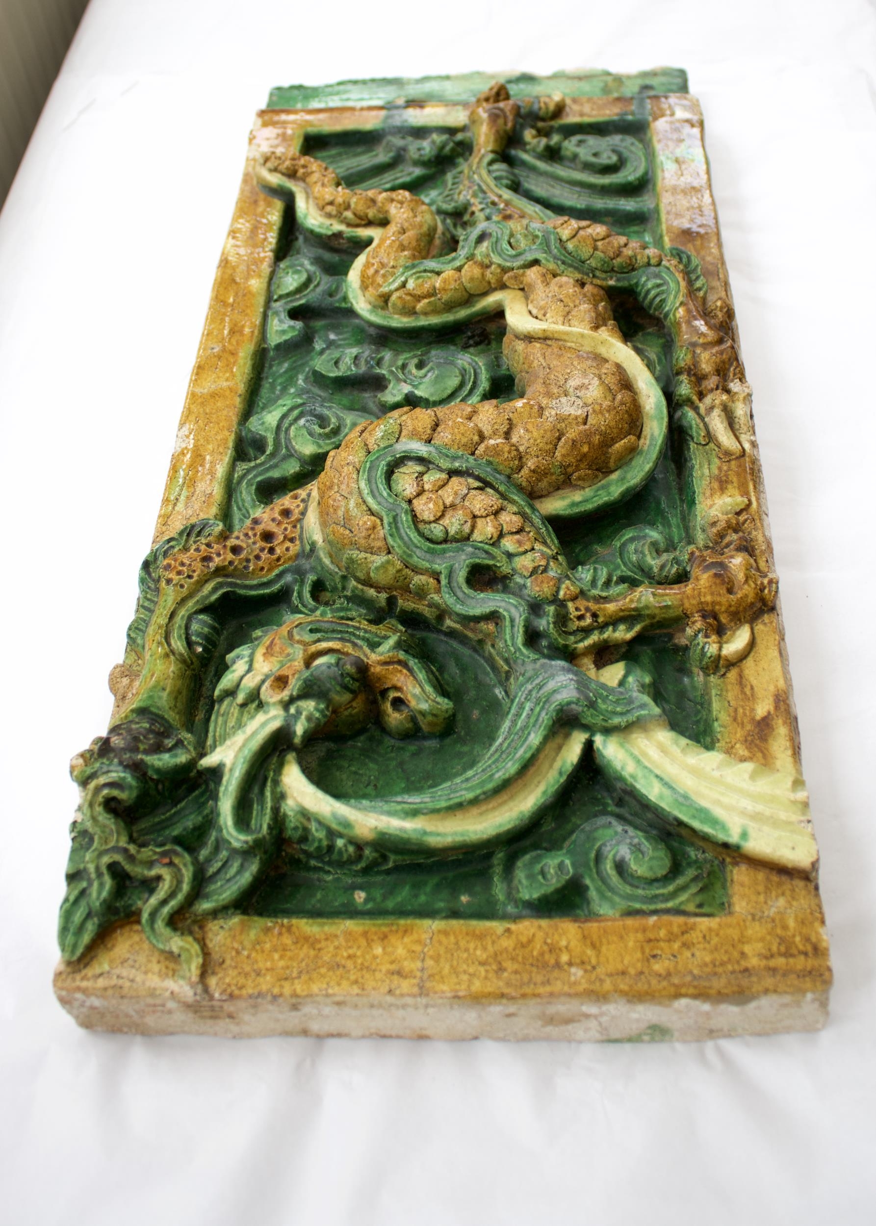 A amber and green glazed Dragon Tile, Ming dynasty - - L54.5cm W25.5cm - - of upright rectangular - Image 4 of 5