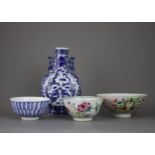 A group of three bowls and one moonflask, 18th /19th centuries - - moonflask H 21.2cm, W 13.5cm,